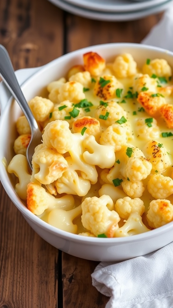A serving of cauliflower mac and cheese, creamy and cheesy, baked until golden, garnished with parsley on a wooden table.